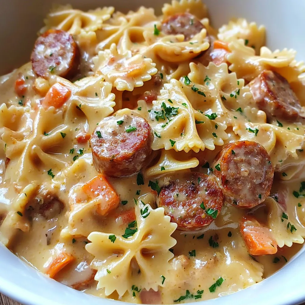 A bowl of pasta with sausage and carrots.