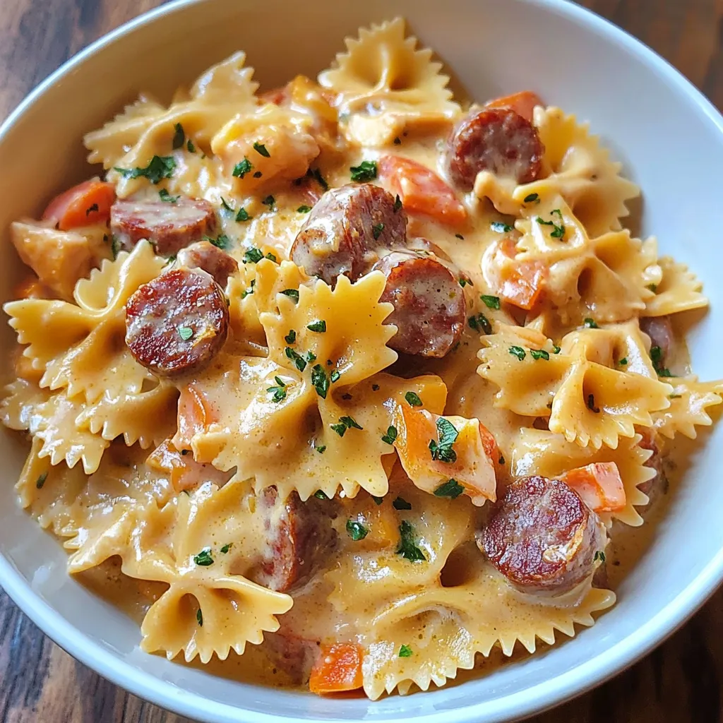A bowl of pasta with sausage and cheese.