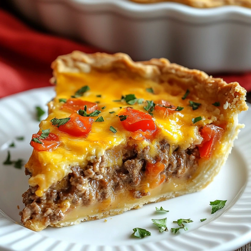A slice of cheeseburger pie on a white plate.
