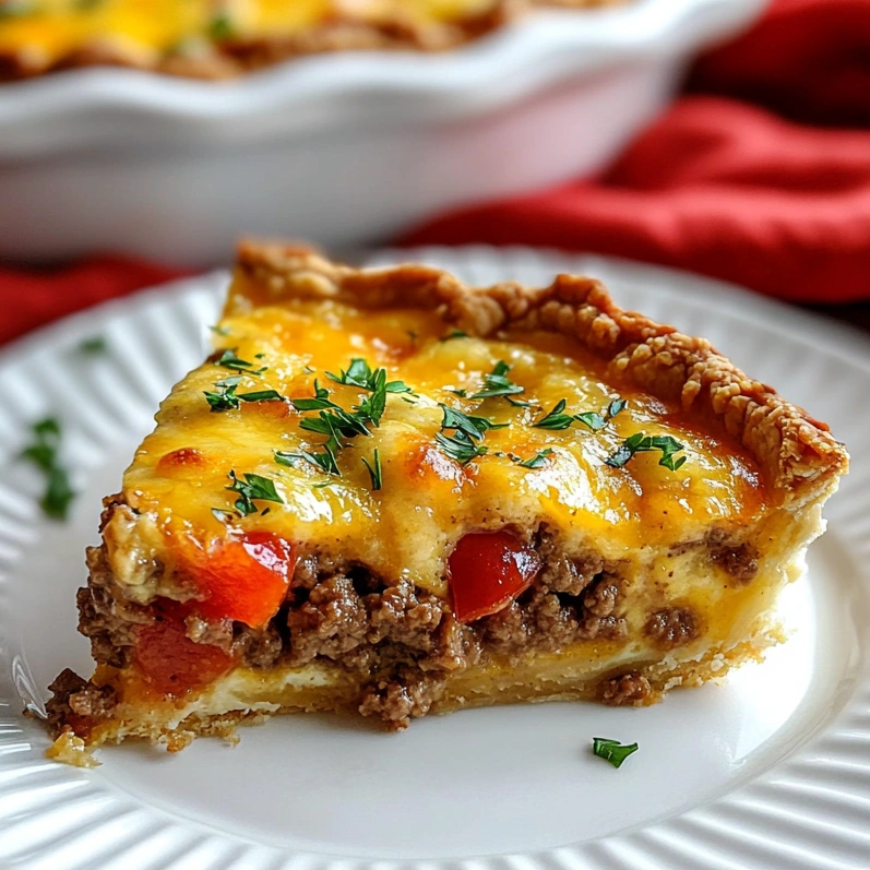 A slice of cheeseburger pie on a white plate.