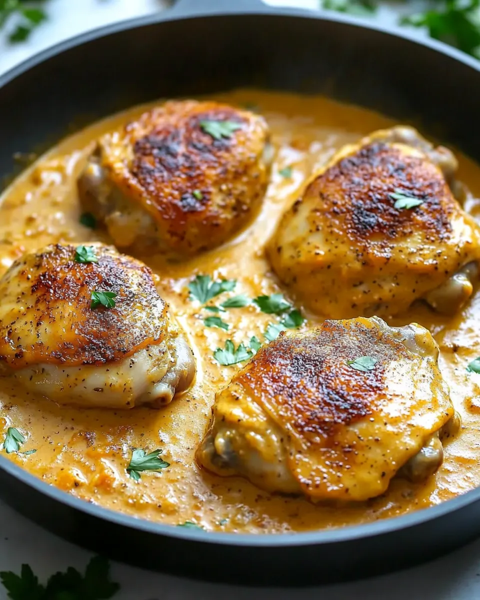 A pan of chicken covered in a creamy sauce.