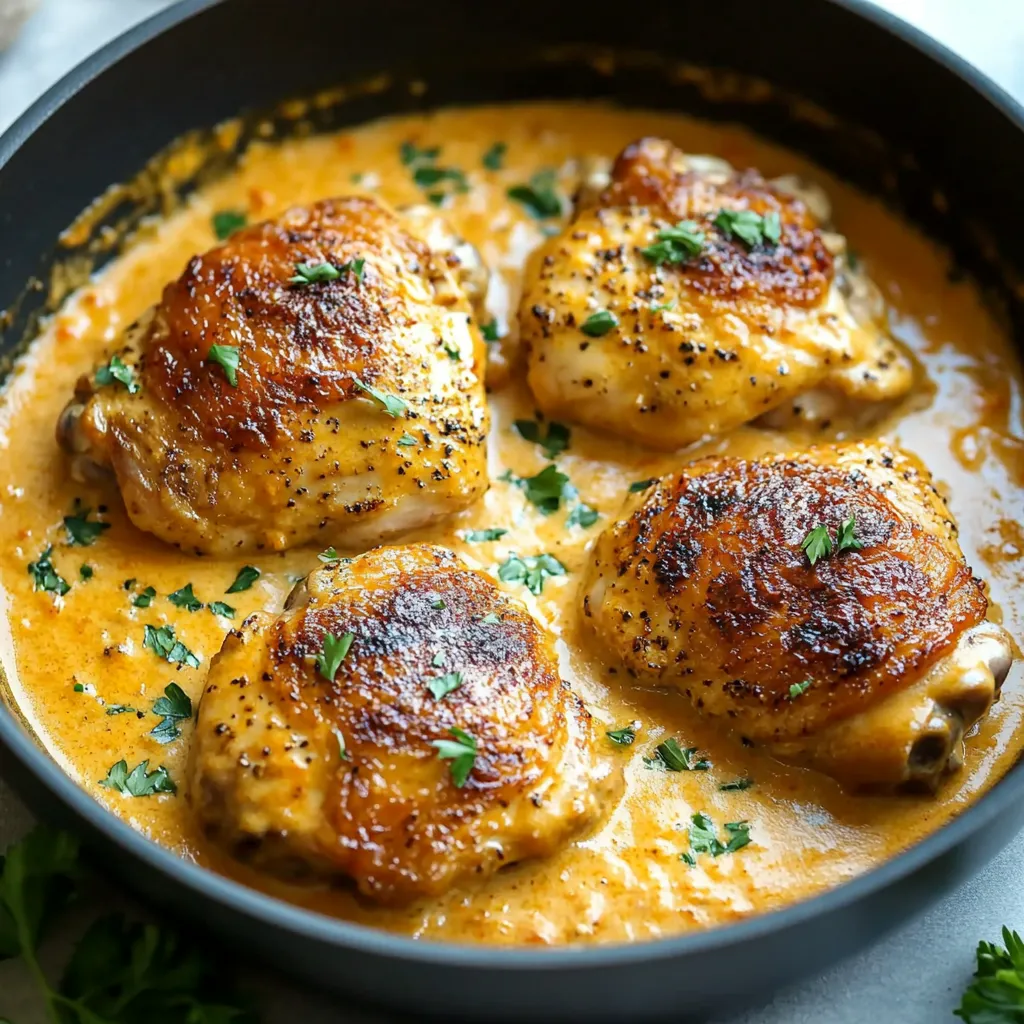 A bowl of chicken with a creamy sauce.