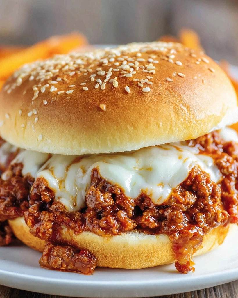 A cheesy spaghetti sloppy joes sandwich.