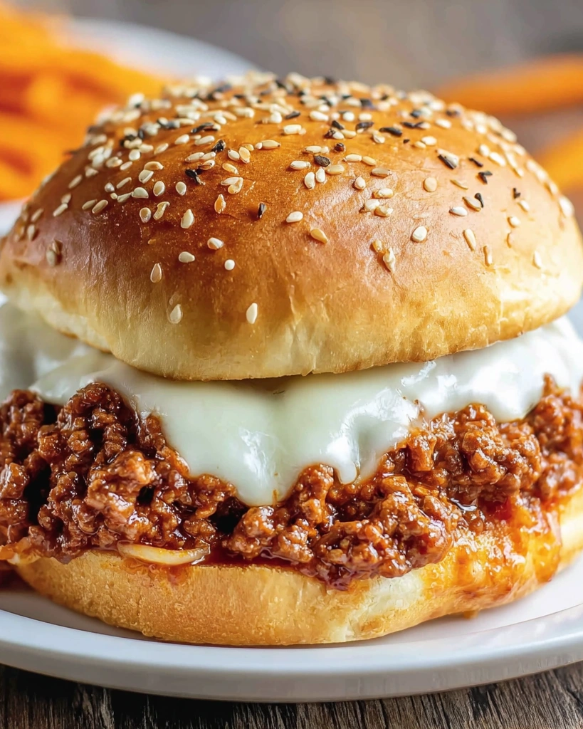 A cheesy spaghetti sloppy joe sandwich.