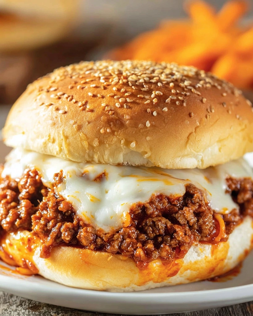 A cheesy spaghetti sloppy joe sandwich.