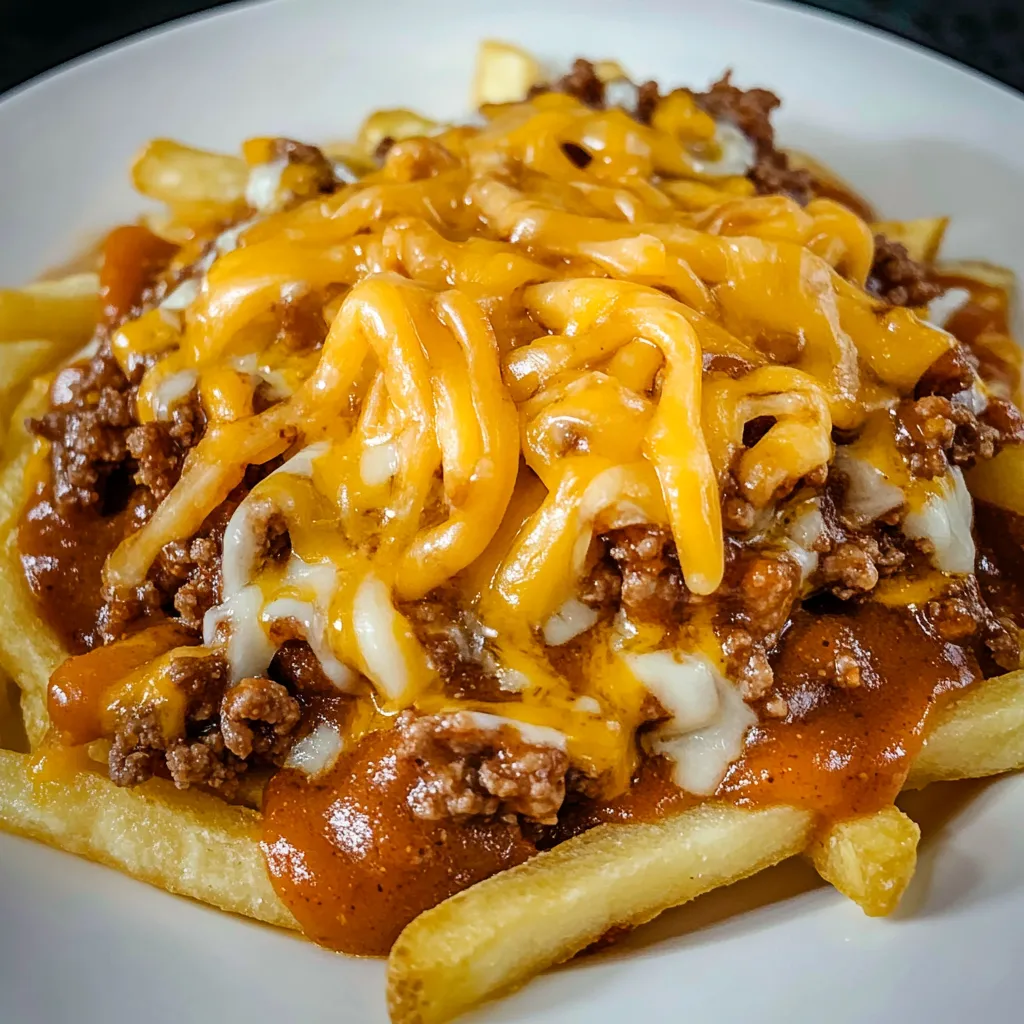 A plate of food with cheese and chili on top of a french fry.