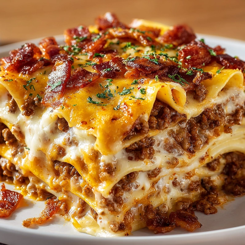 A plate of food with Parmesan Garlic Bacon Cheeseburger Lasagna.