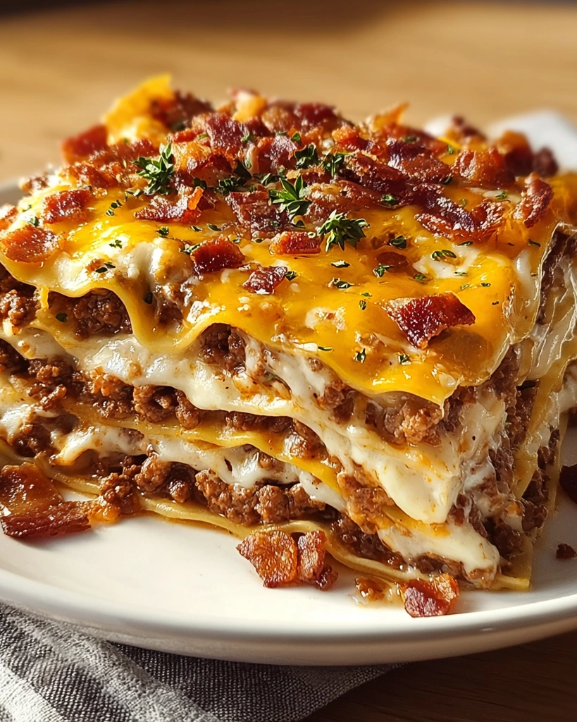 A plate of food with Parmesan Garlic Bacon Cheeseburger Lasagna.