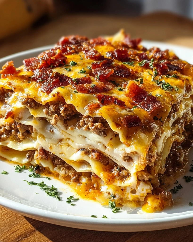 A plate of food with the name Parmesan Garlic Bacon Cheeseburger Lasagna.
