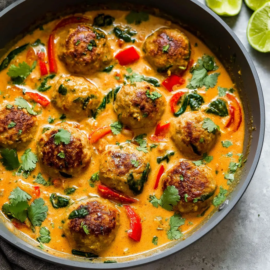 A bowl of meatballs in a coconut curry sauce.