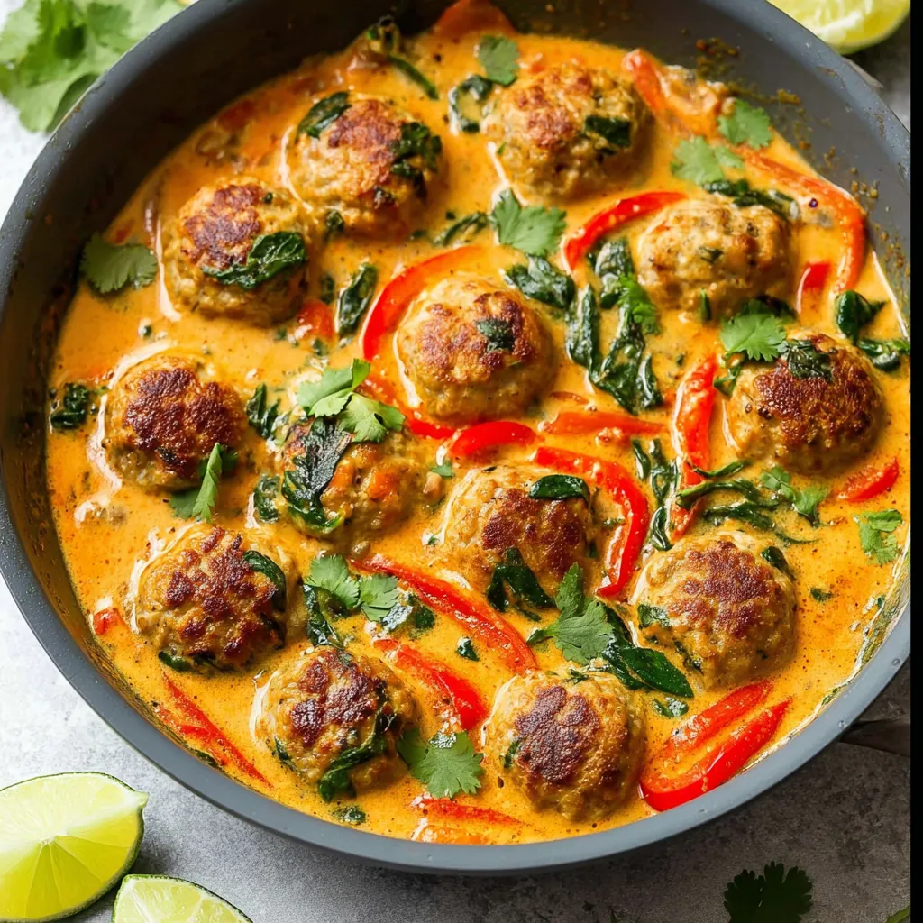 A bowl of meatballs in a coconut curry.