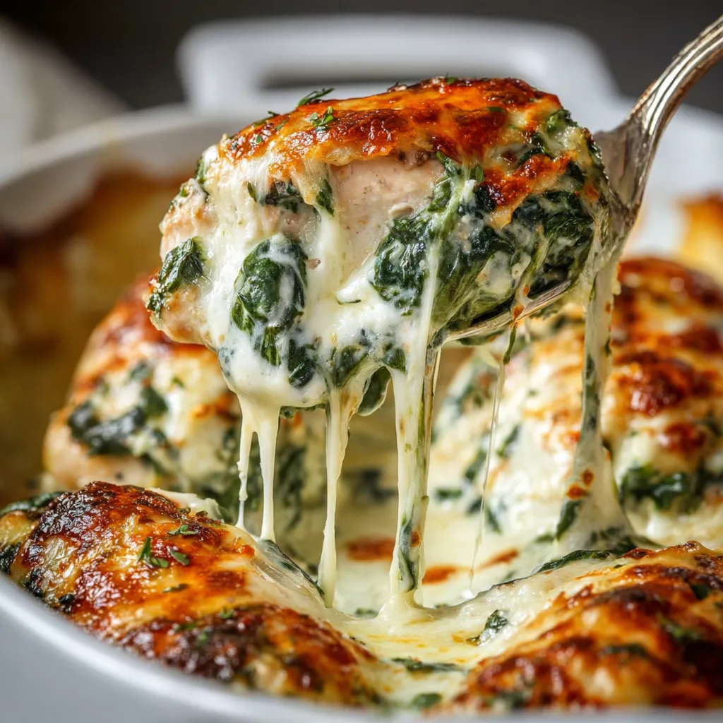 A creamy spinach chicken casserole with a fork in it.