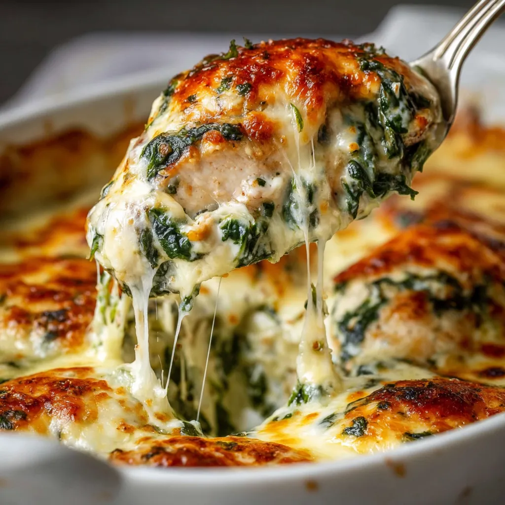 A creamy spinach chicken casserole with a fork in it.