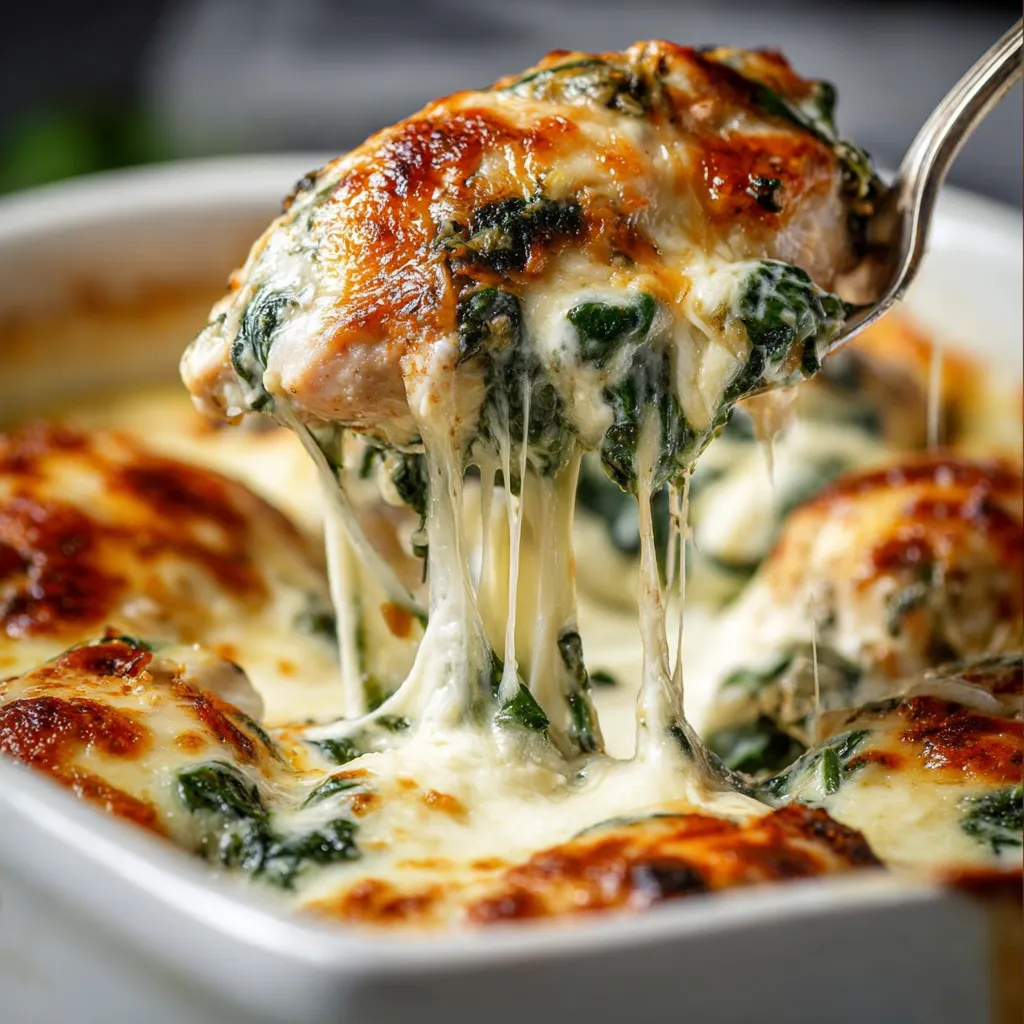 A fork is in a creamy spinach chicken casserole.