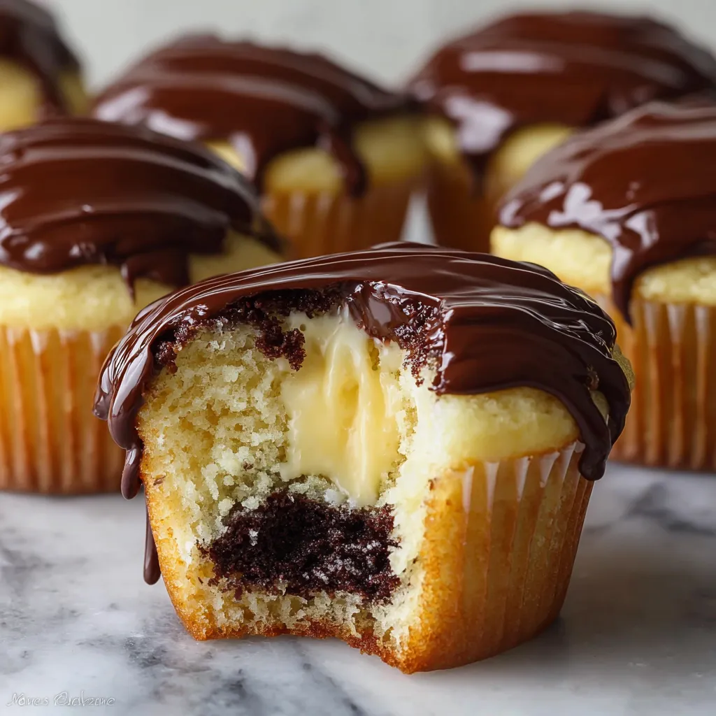 A chocolate covered cupcake with a cream filling.