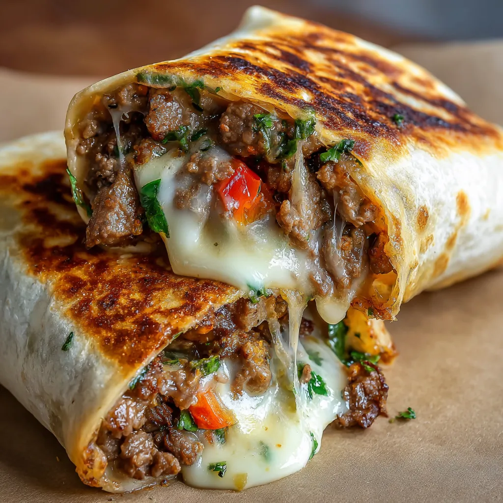 A burrito with meat and cheese.