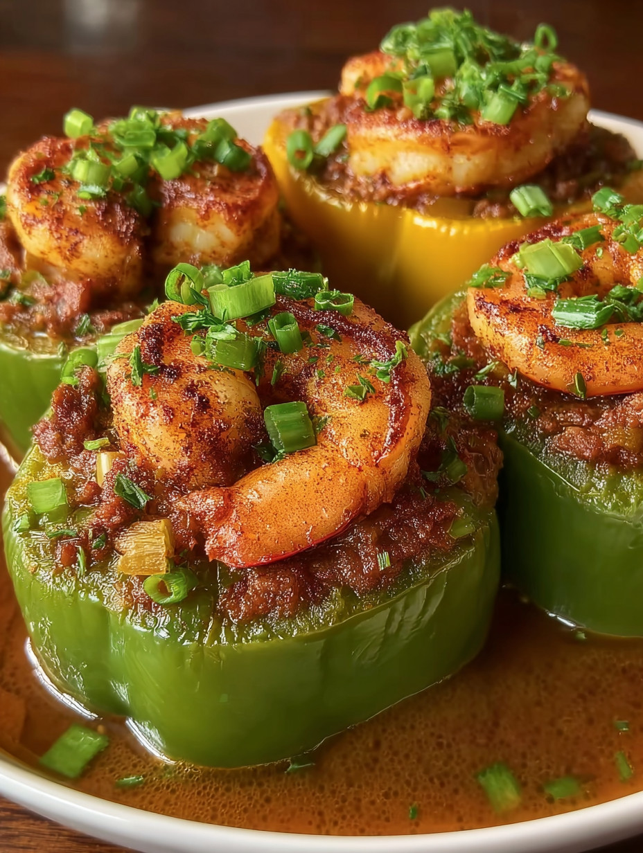 A plate of food with shrimp and peppers.