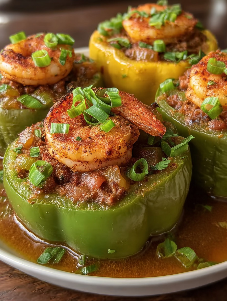 A plate of food with shrimp and peppers.