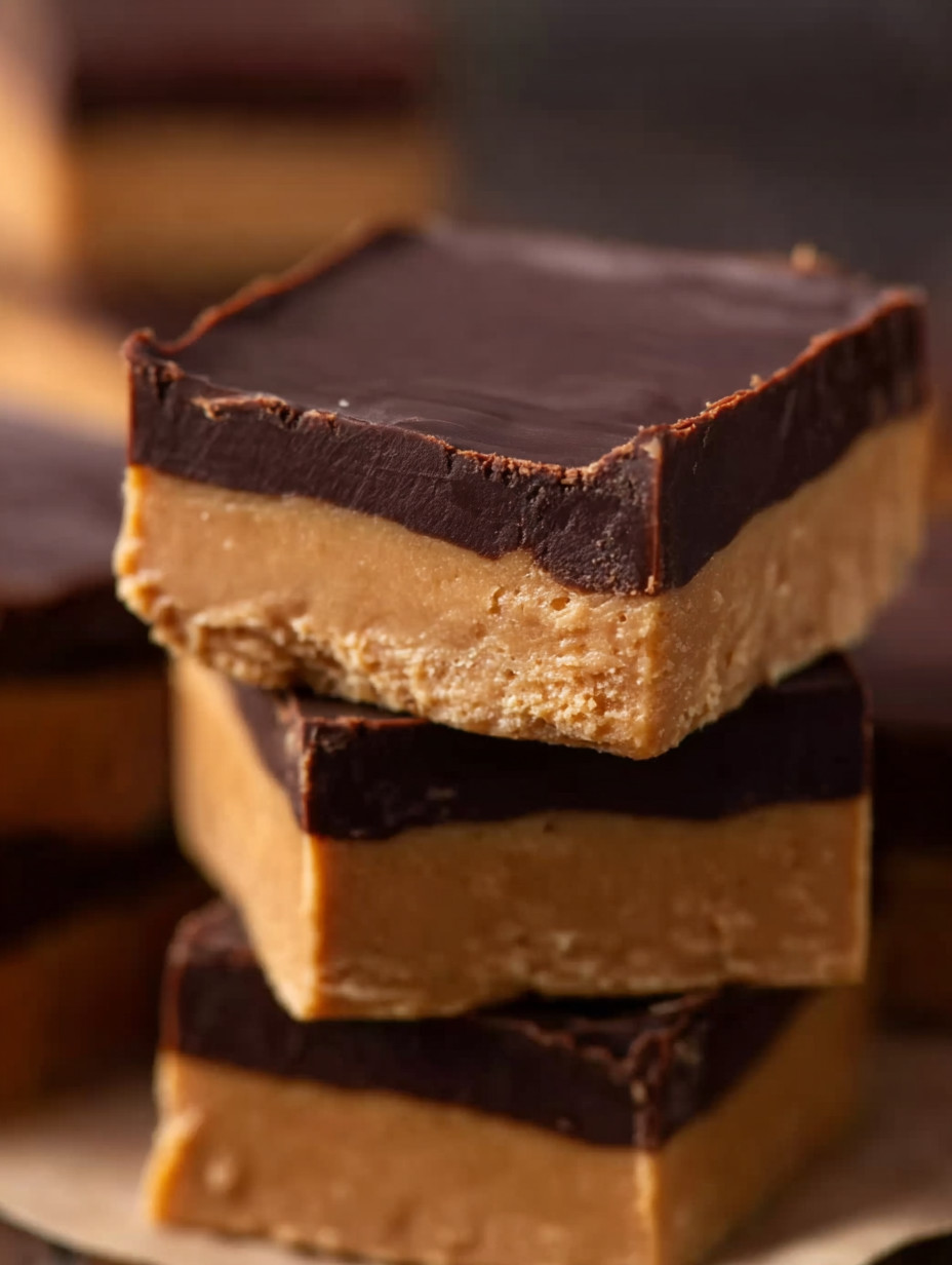 A close up of a chocolate and peanut butter square.