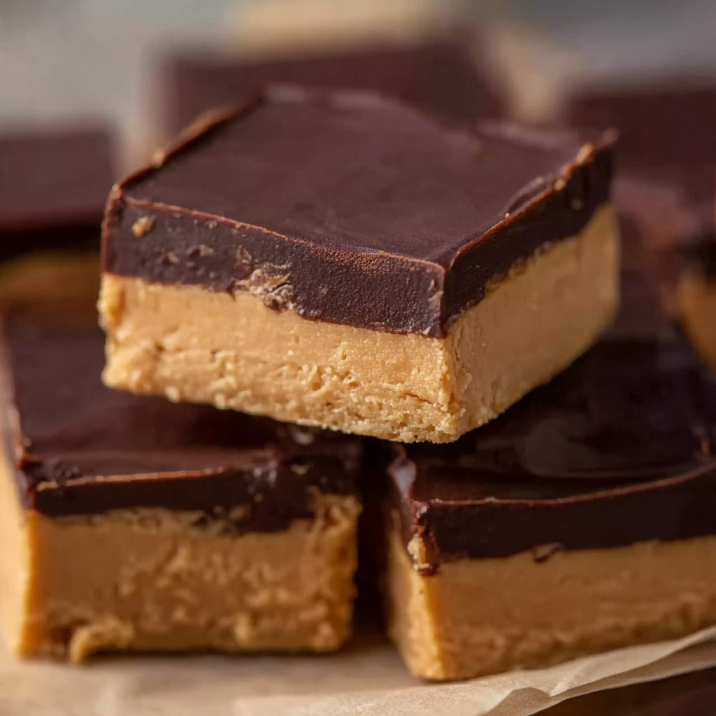 A stack of chocolate peanut butter squares.