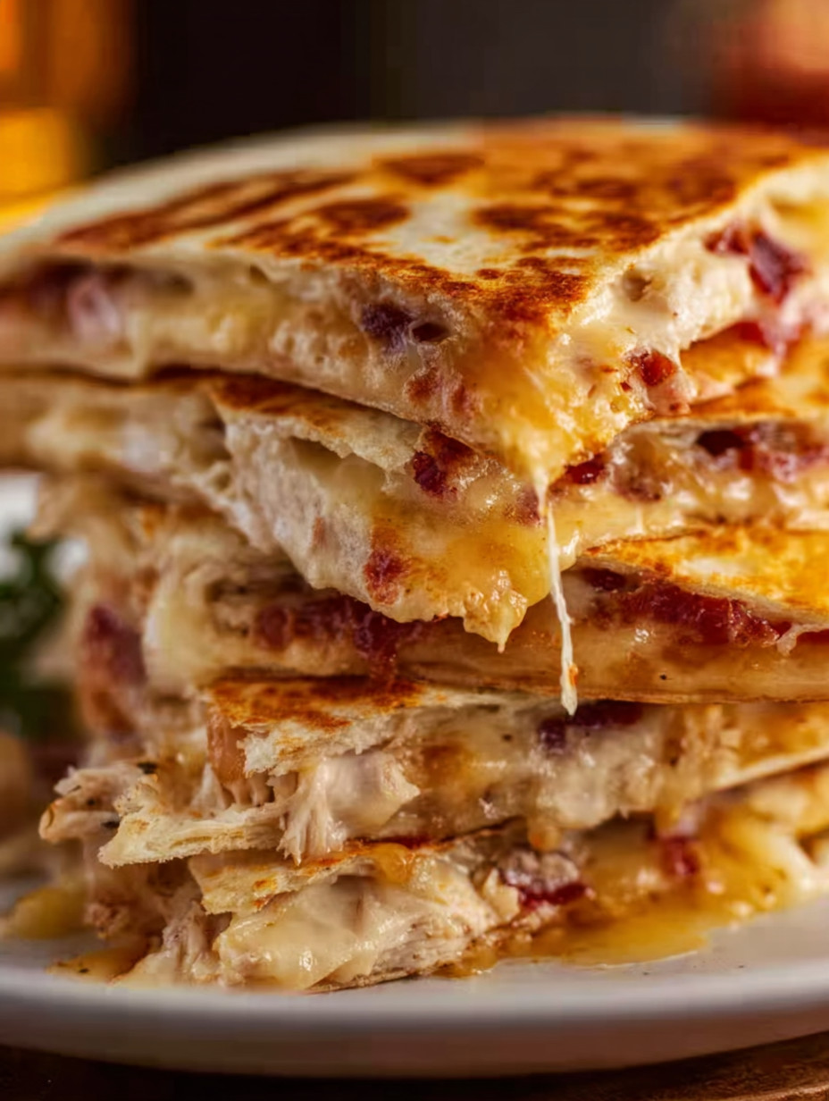 A stack of sandwiches with cheese and bacon.