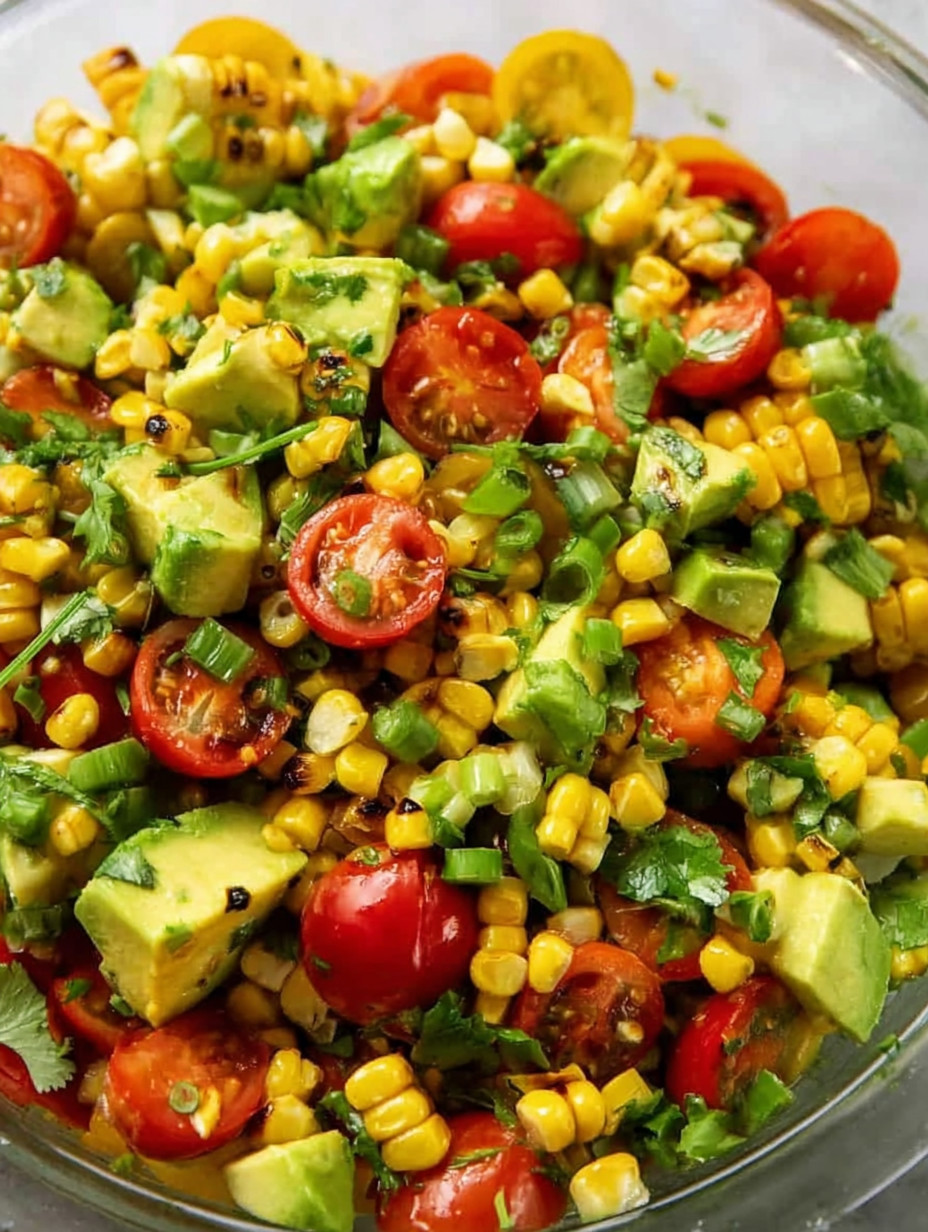 A bowl of food with tomatoes, corn, avocado, and lime.