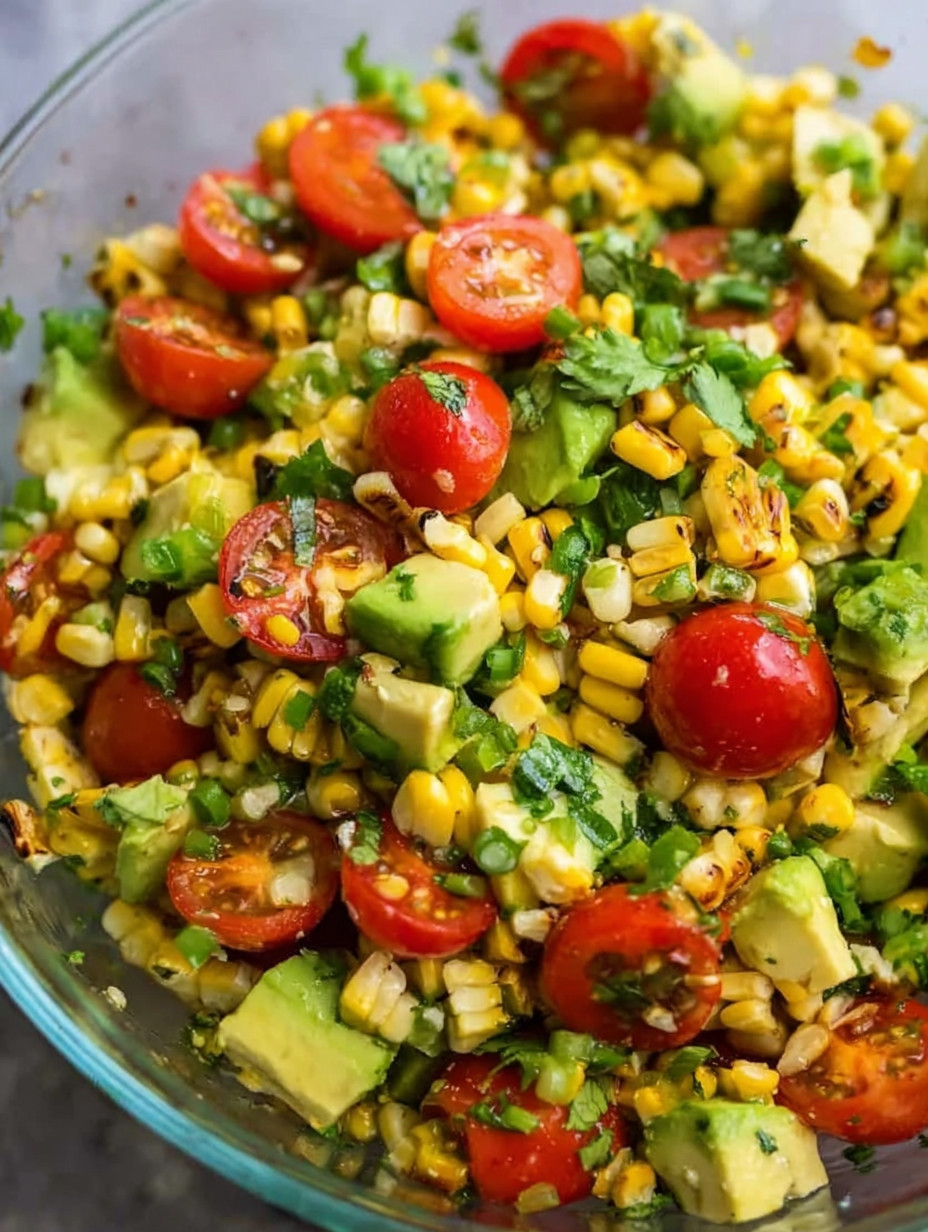 A bowl of food with tomatoes, corn, and avocado.