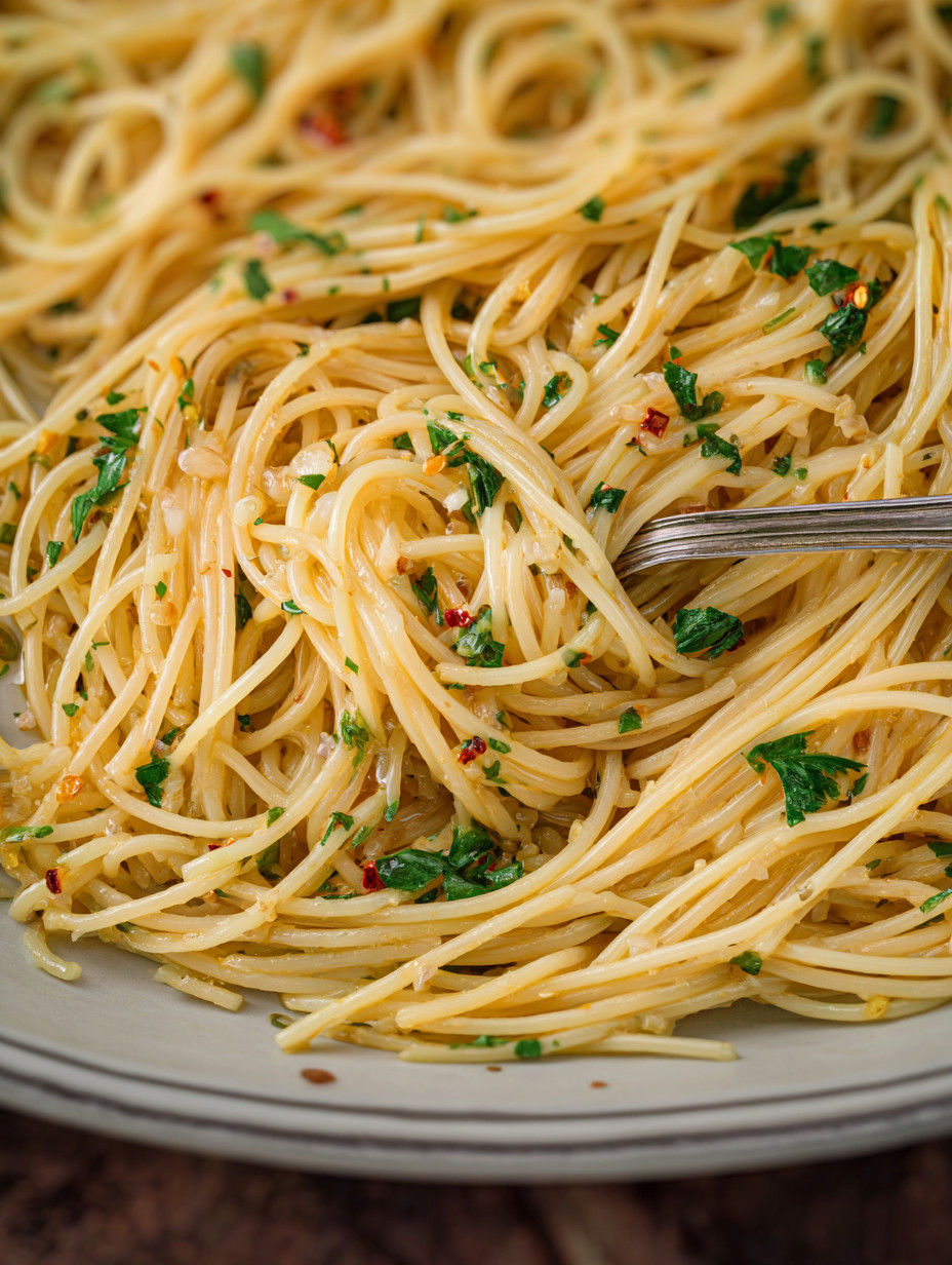A plate of spaghetti with herbs.