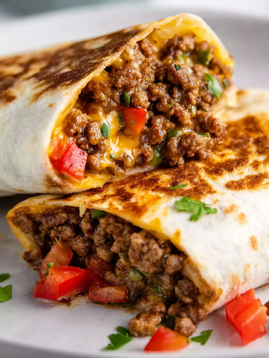 A burrito with meat and tomatoes.