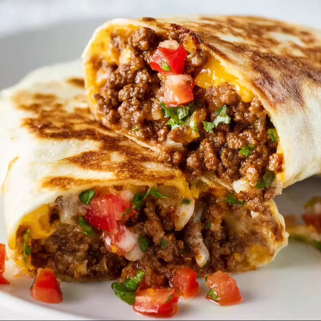 A burrito with meat and tomatoes.