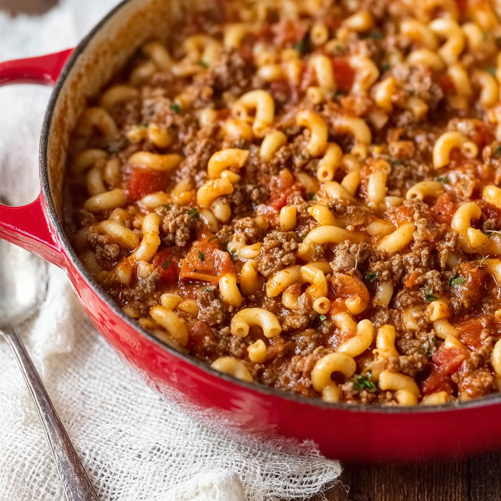 A red pot filled with macaroni and meat.