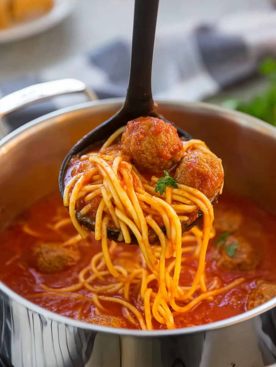 A spoon is in a bowl of spaghetti.