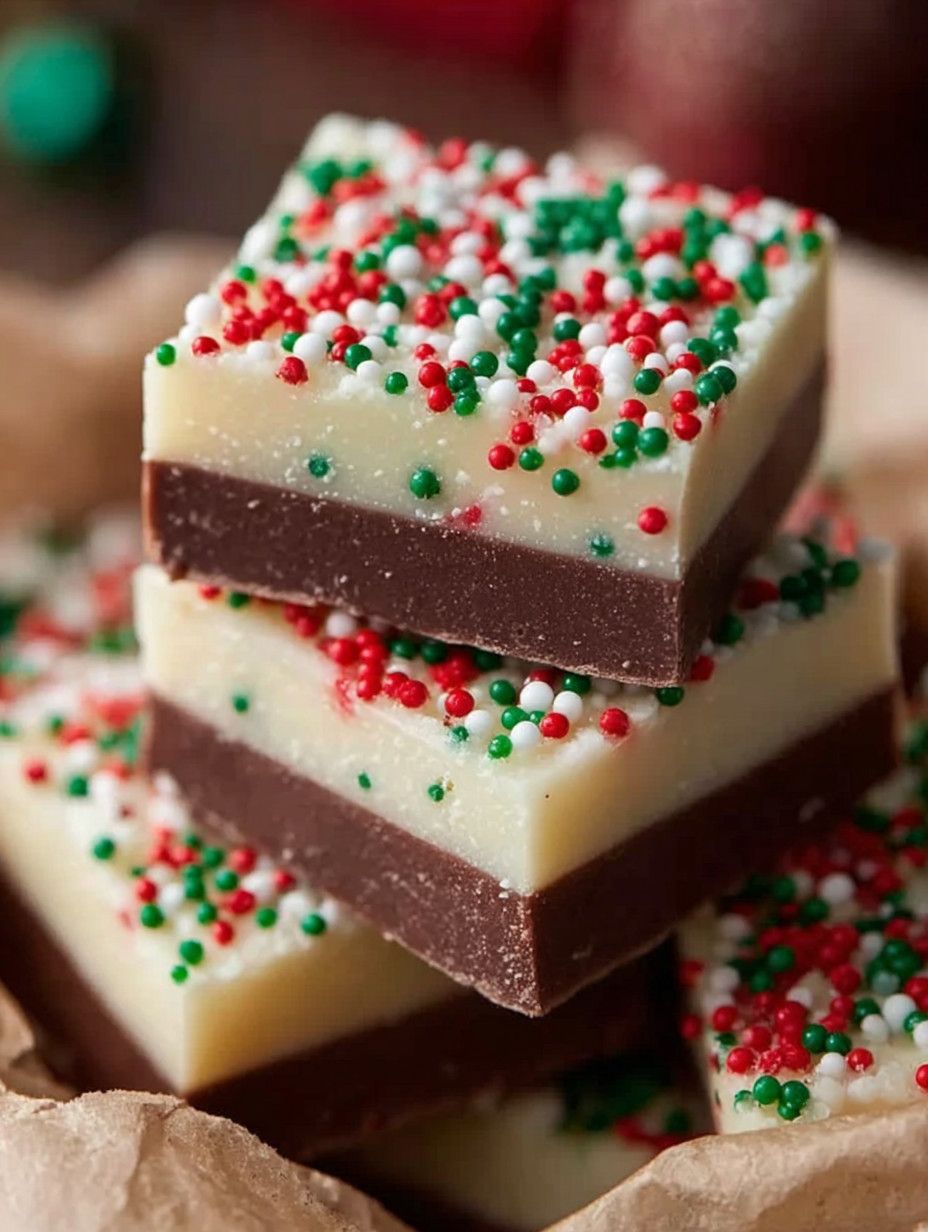 A stack of chocolate and white cake with sprinkles.
