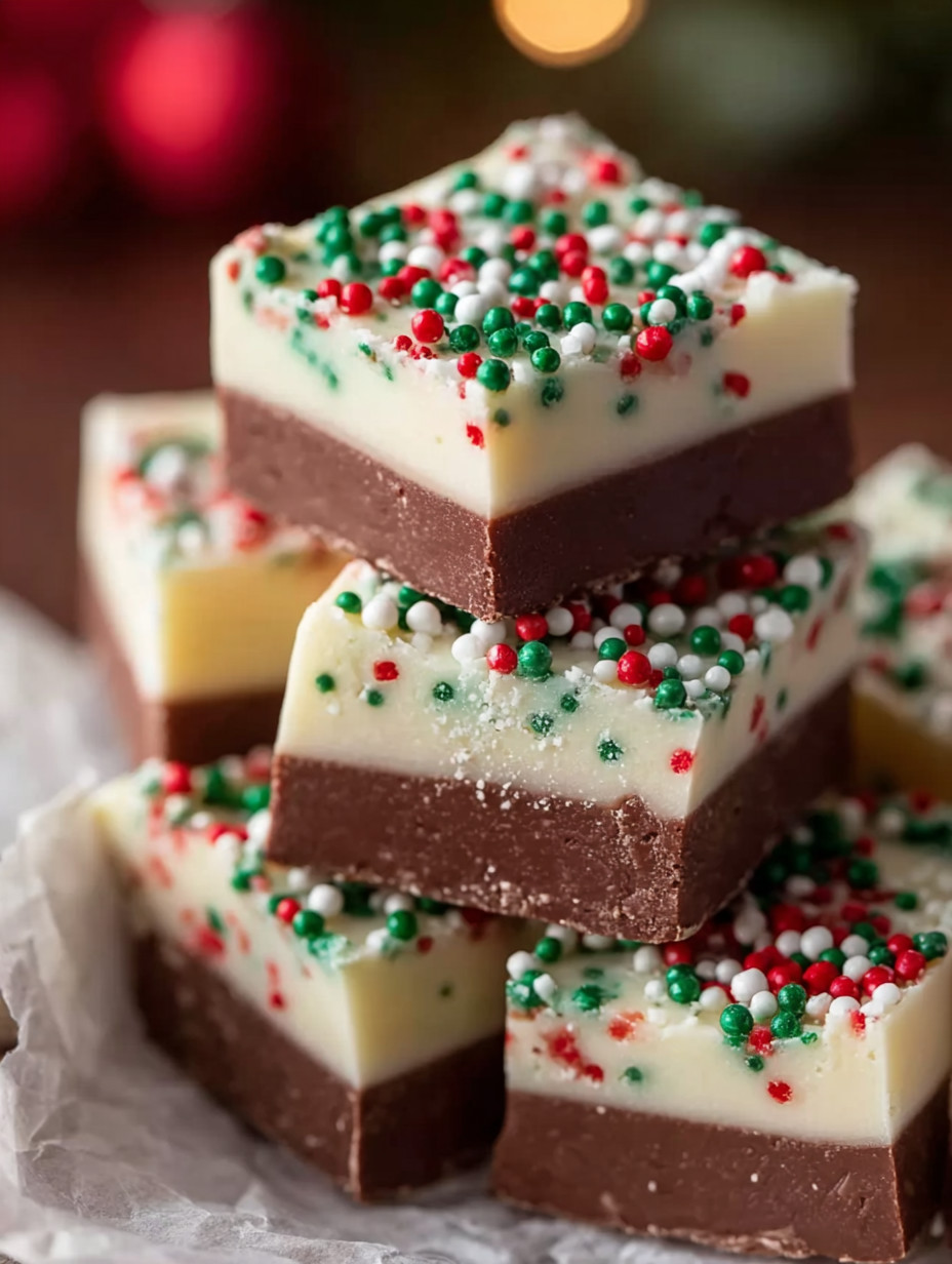 A stack of chocolate and white cake with red and green sprinkles.