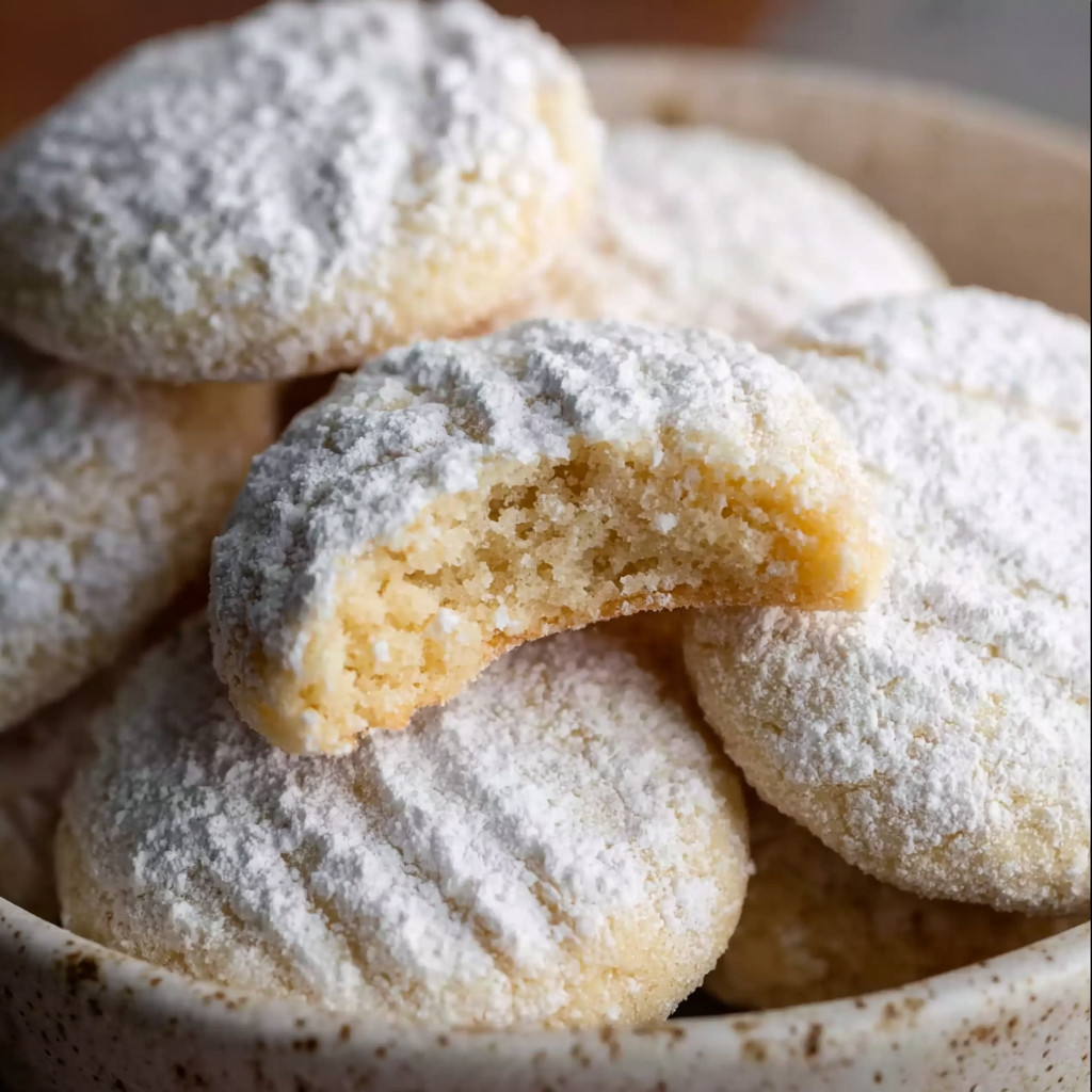 A bowl of powdered sugar cookies.