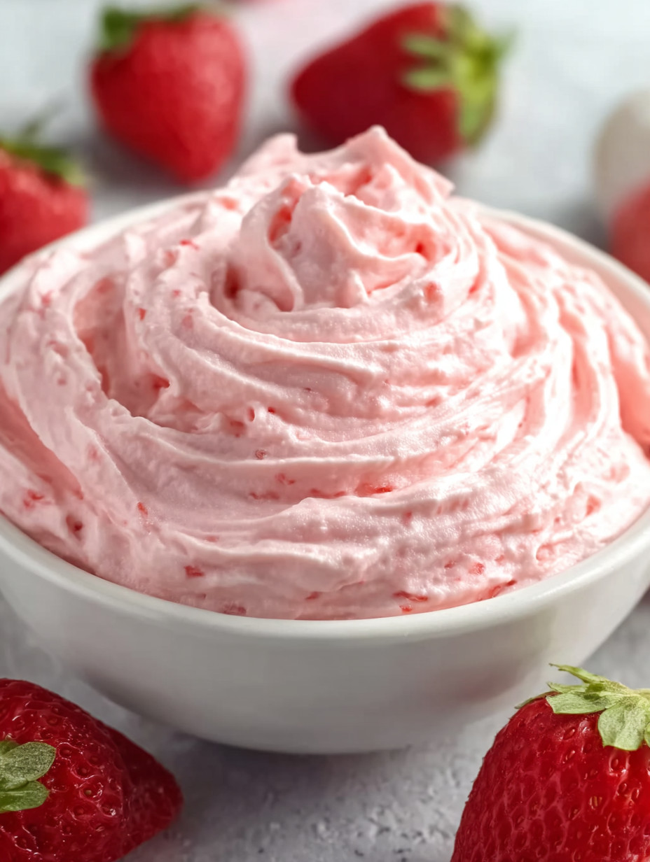 A bowl of pink strawberry whipped cream.