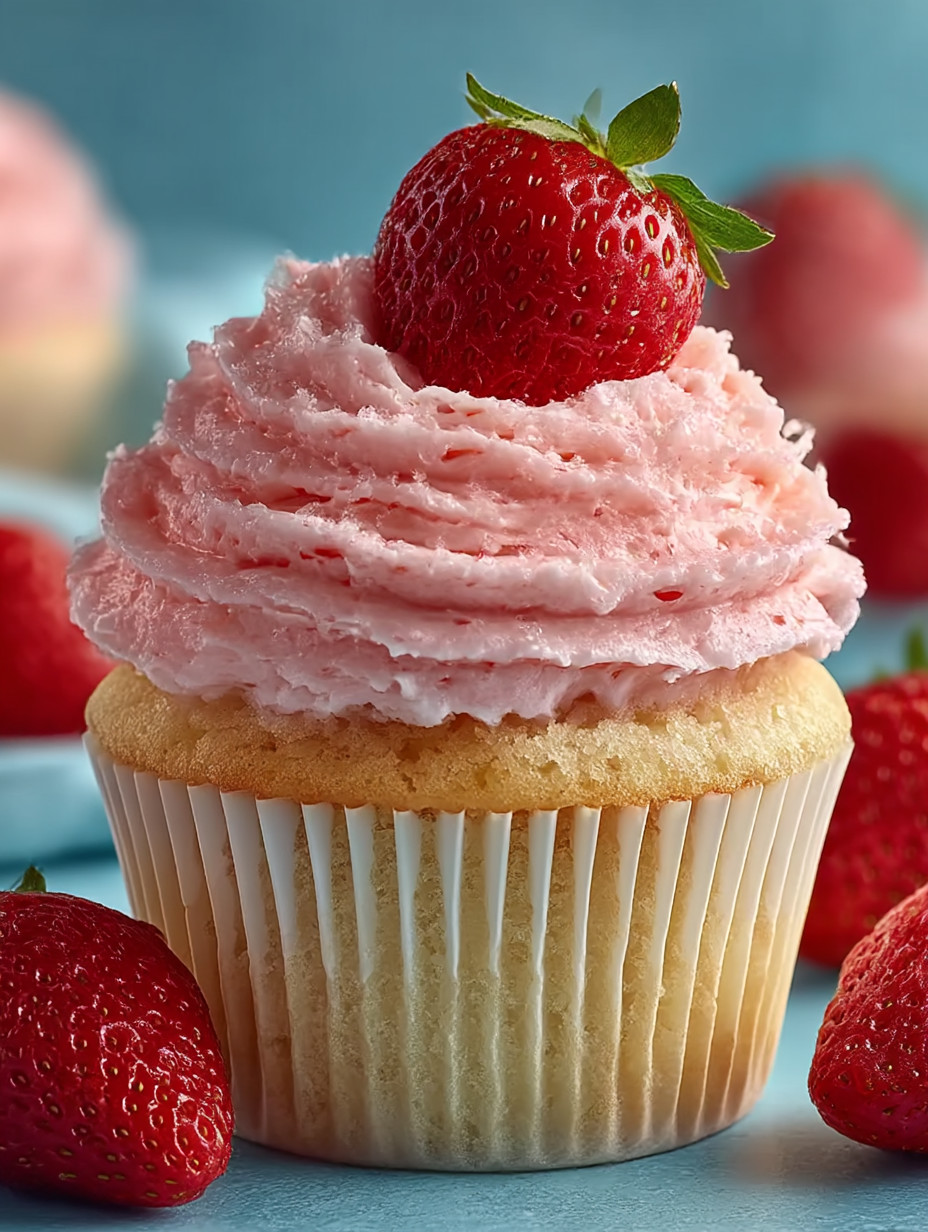 A cupcake with strawberries on top.