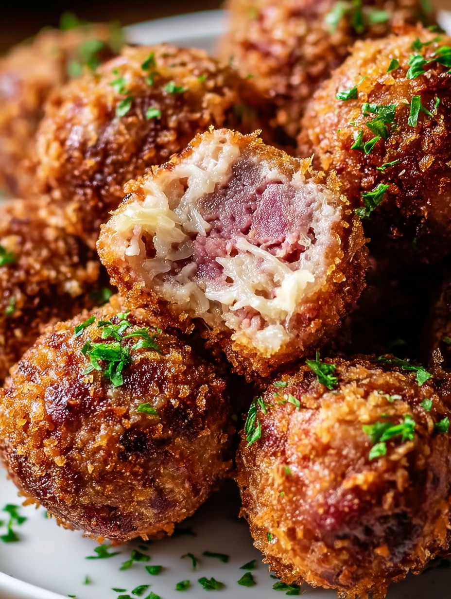 A plate of meatballs with green herbs on top.