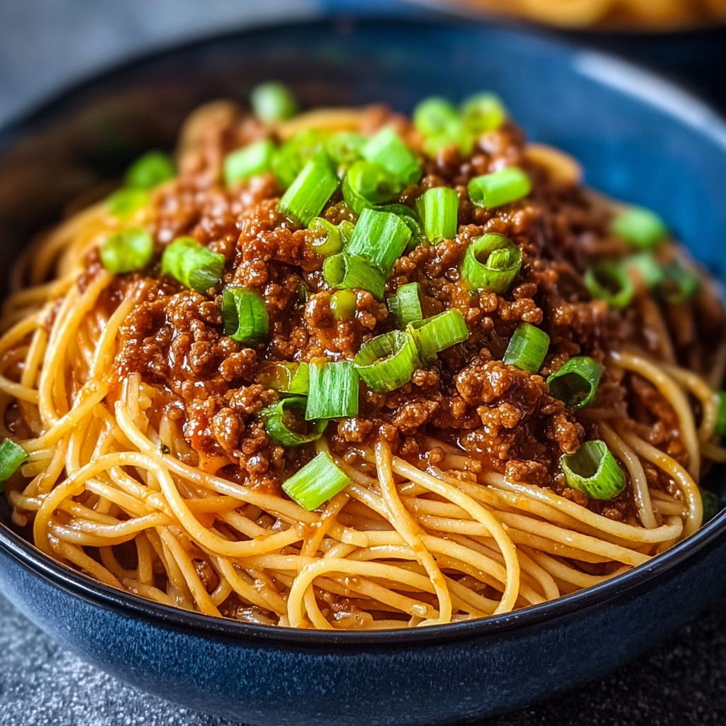 A bowl of spaghetti with meat sauce and green onions.