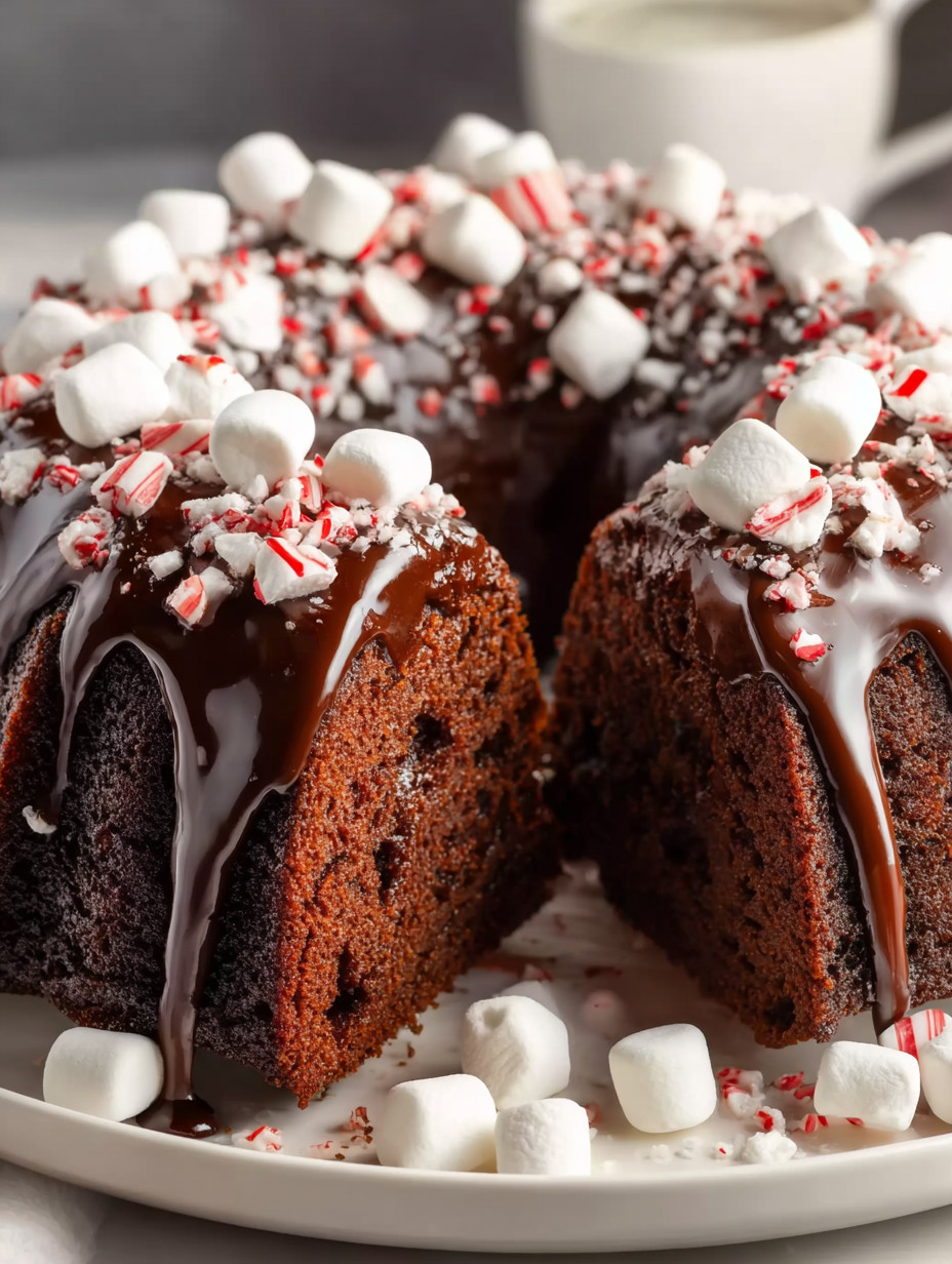 A cake with chocolate frosting and marshmallows on top.