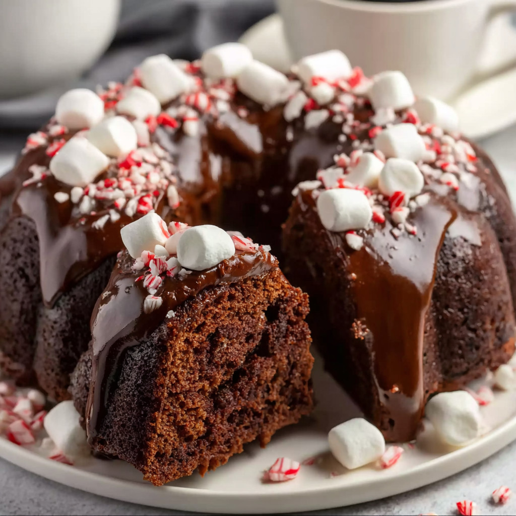 A chocolate cake with marshmallows on top.