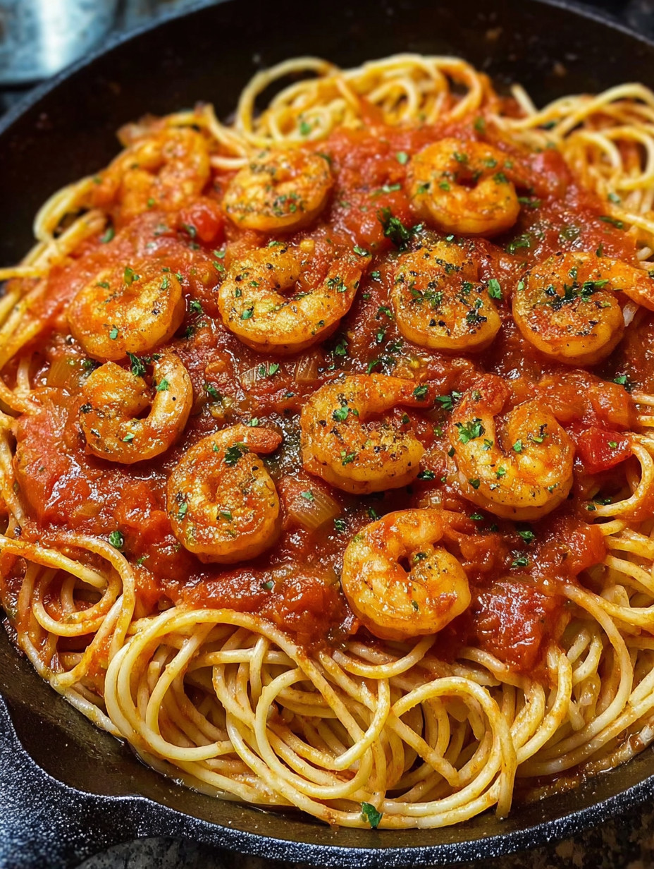 A bowl of shrimp and tomato sauce.