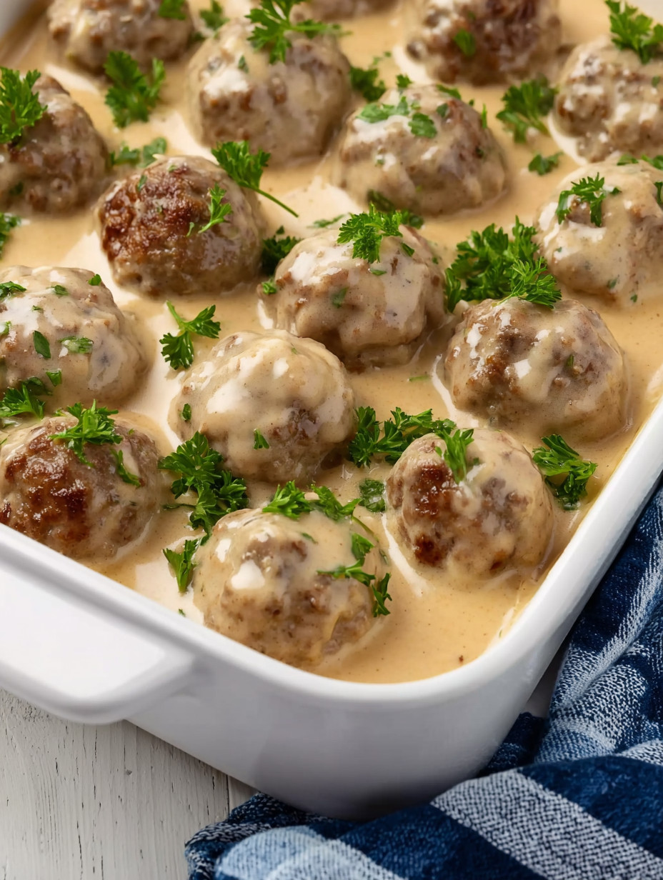 A white bowl filled with meatballs and herbs.