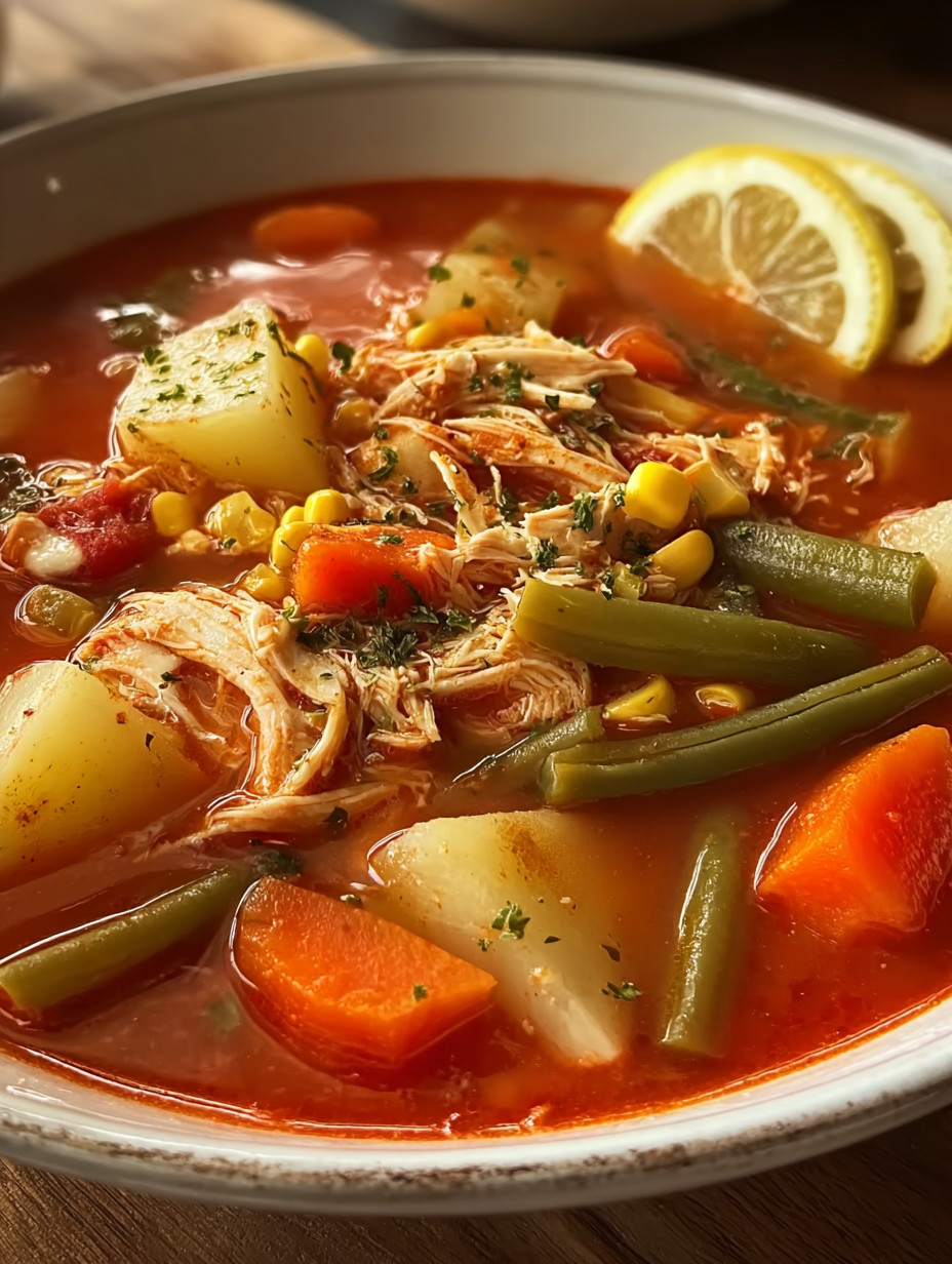A bowl of soup with chicken, corn, and green beans.