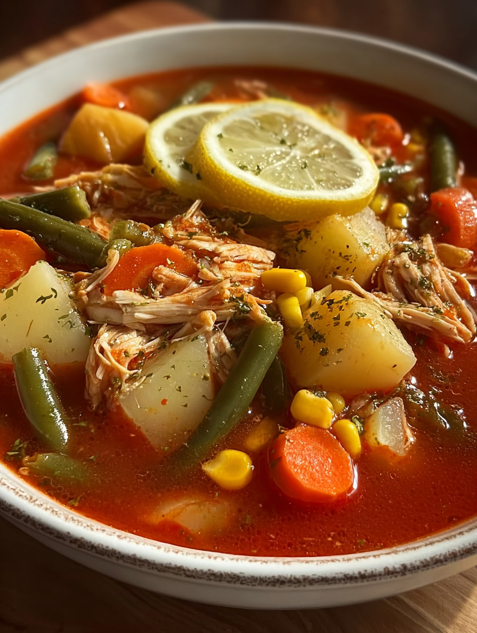 A bowl of soup with vegetables and a lemon wedge.