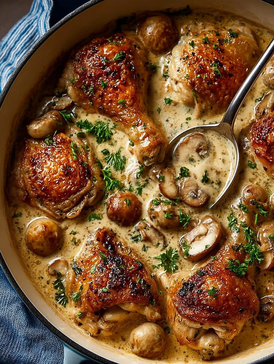 A bowl of chicken with mushrooms and herbs.