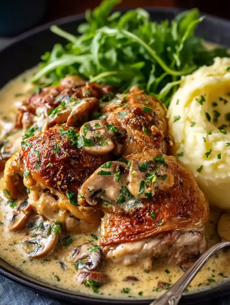 A plate of food with mushrooms and potatoes.