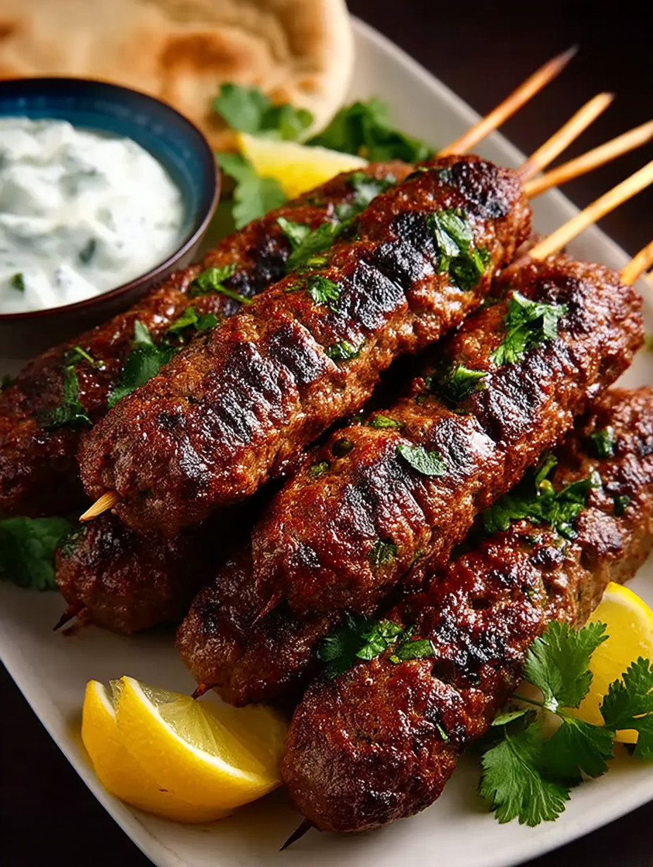 Skewers of meat with lemon wedges.