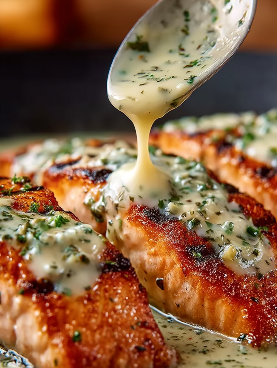 A spoonful of sauce on a piece of meat.