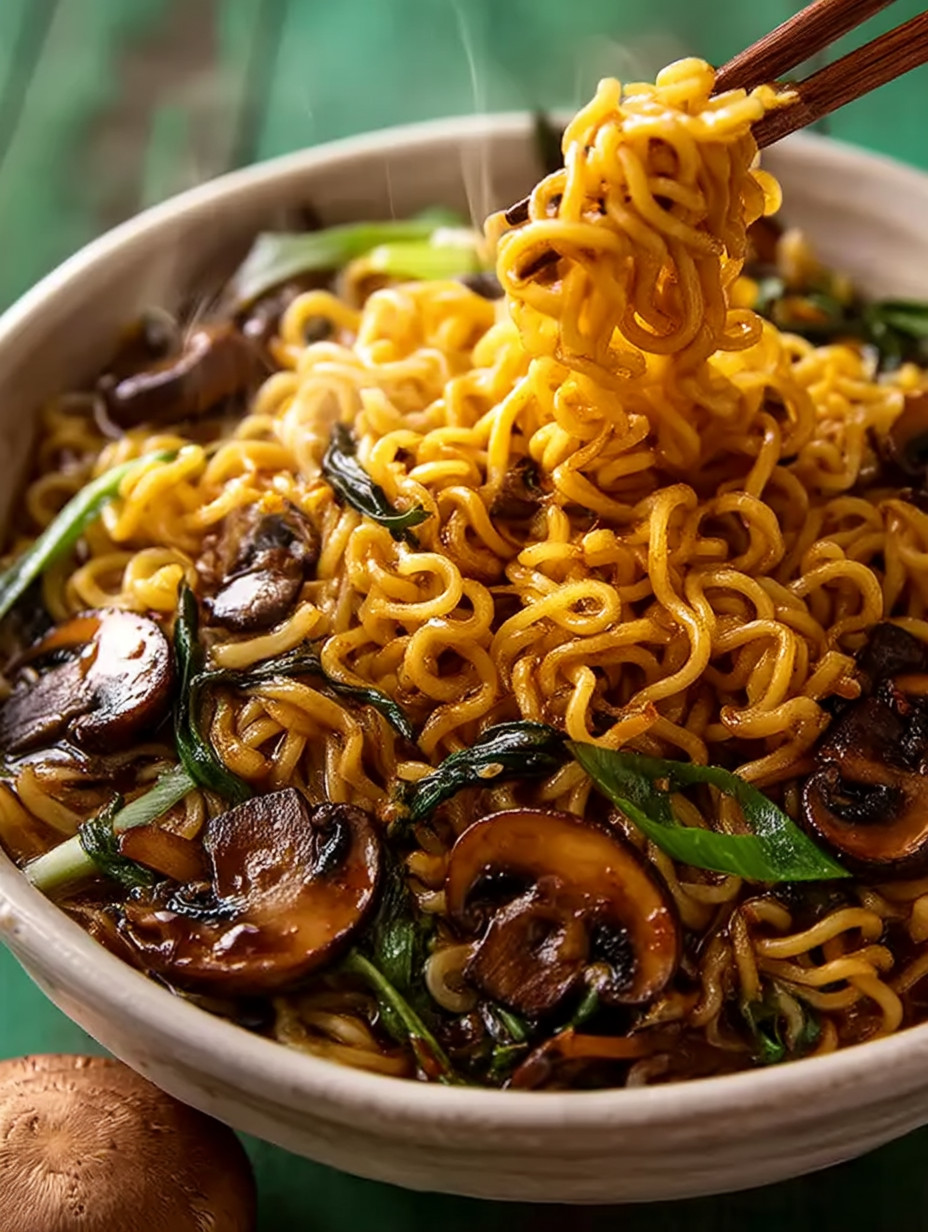 A bowl of noodles with mushrooms and vegetables.
